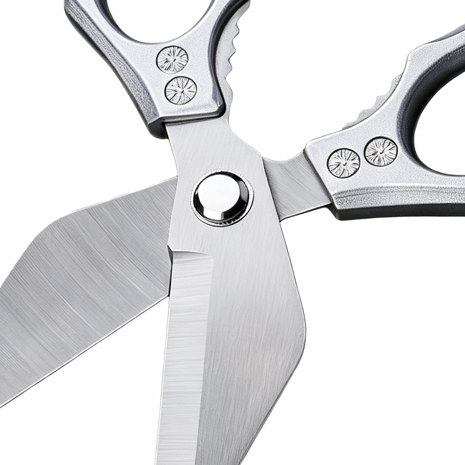 Close-up of geometric stainless steel handles with embossed rivets isolated on white background KL-SC-KT-006