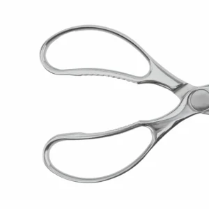 Opened mirror polished stainless steel kitchen scissors isolated on white background KL-SC-PR-014