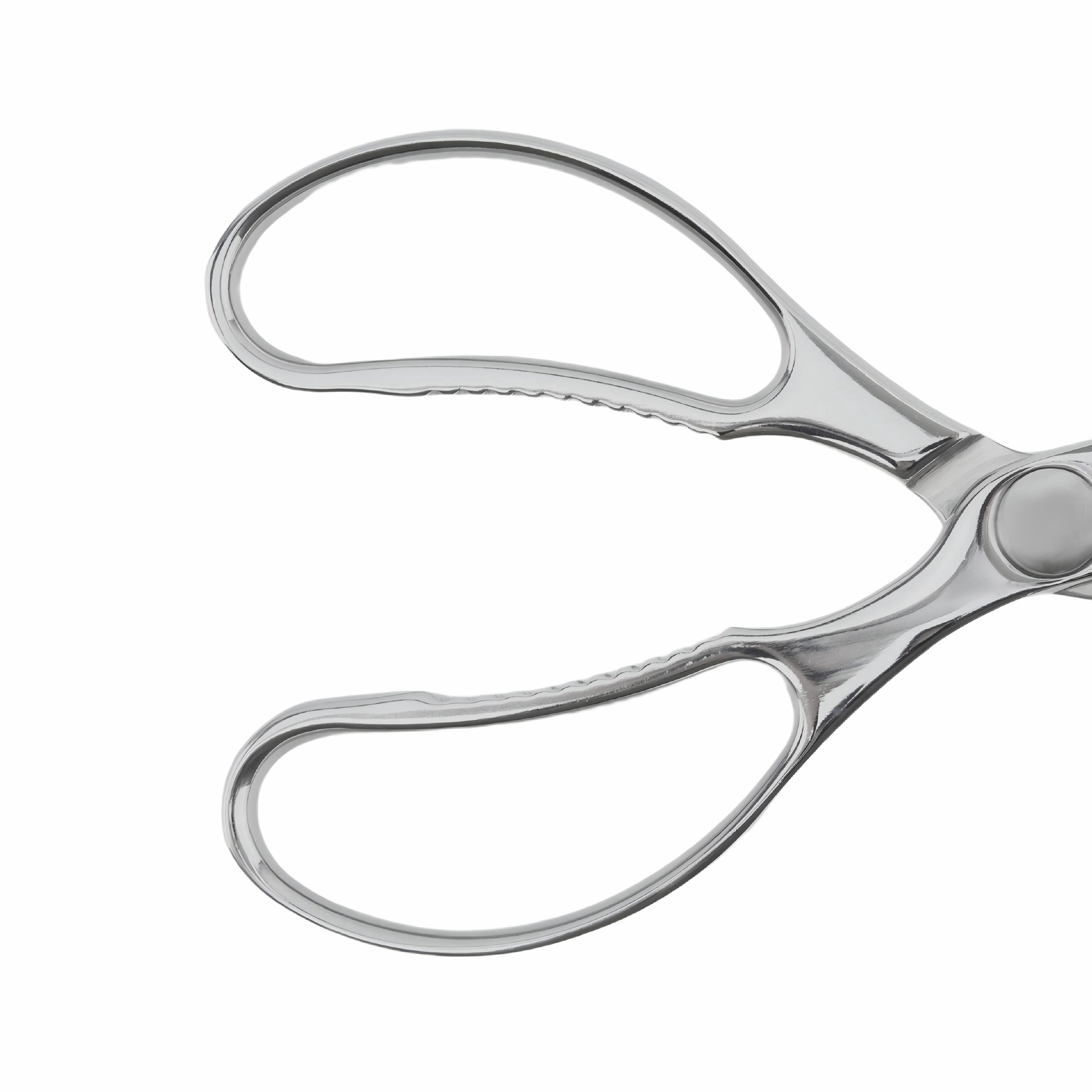 Opened mirror polished stainless steel kitchen scissors isolated on white background KL-SC-PR-014