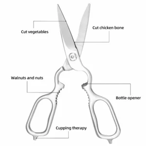 All-metal stainless steel kitchen shears with functional diagram text isolated on white background KL-SC-PR-005