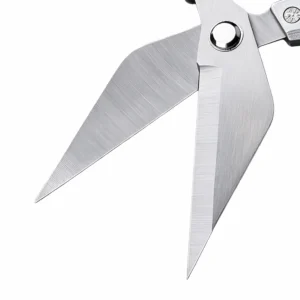 Opened view of brushed stainless steel kitchen shears blades isolated on white background KL-SC-KT-006