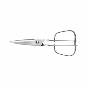 Stainless steel kitchen scissors with square loop handles isolated on white background, SKU KL-SC-PR-013.
