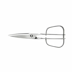 Stainless steel kitchen scissors with square loop handles isolated on white background, SKU KL-SC-PR-013.