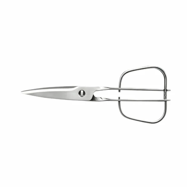 Stainless steel kitchen scissors with square loop handles isolated on white background, SKU KL-SC-PR-013.