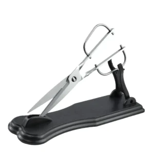 Stainless steel kitchen scissors on black display stand isolated on white background, SKU KL-SC-PR-013.