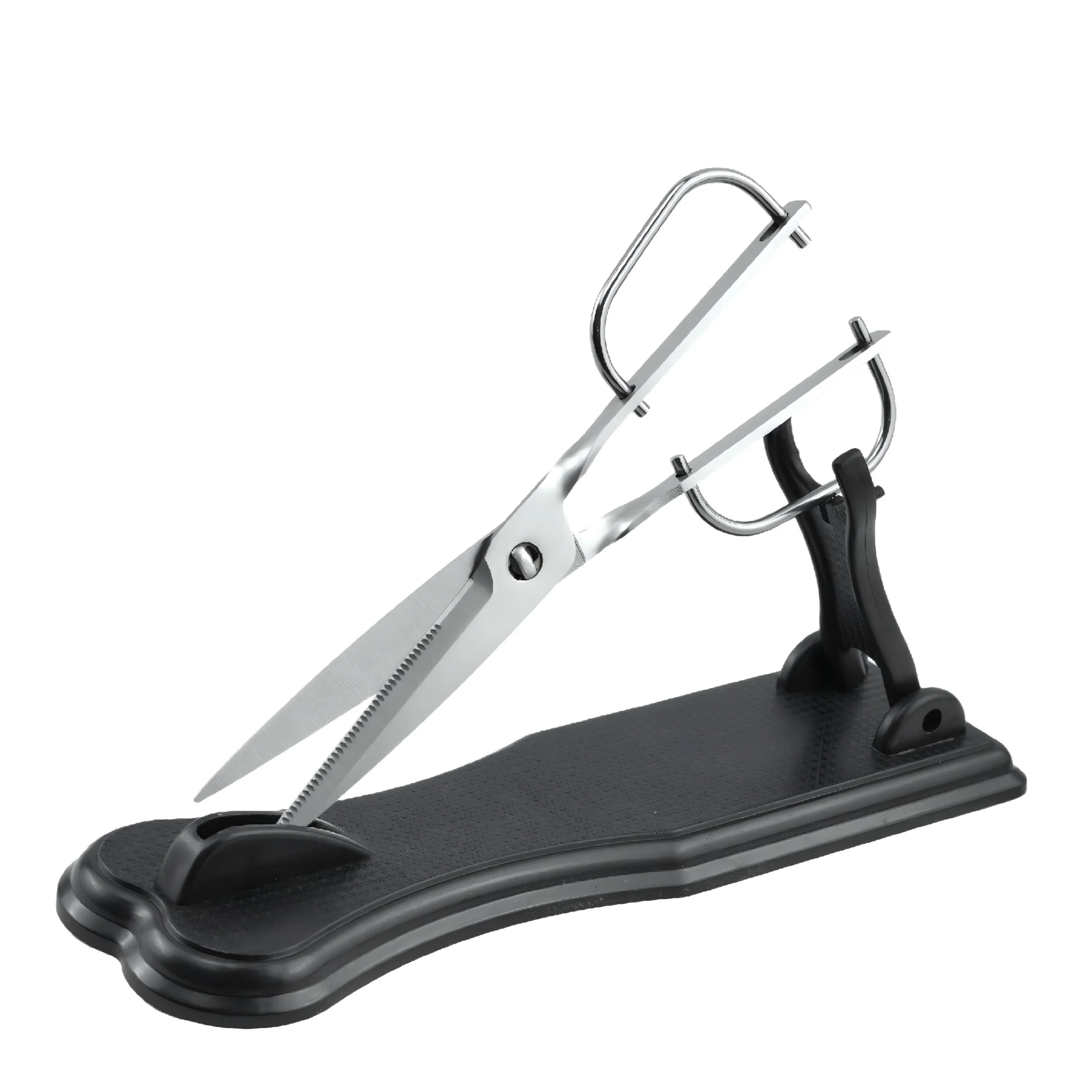 Stainless steel kitchen scissors on black display stand isolated on white background, SKU KL-SC-PR-013.