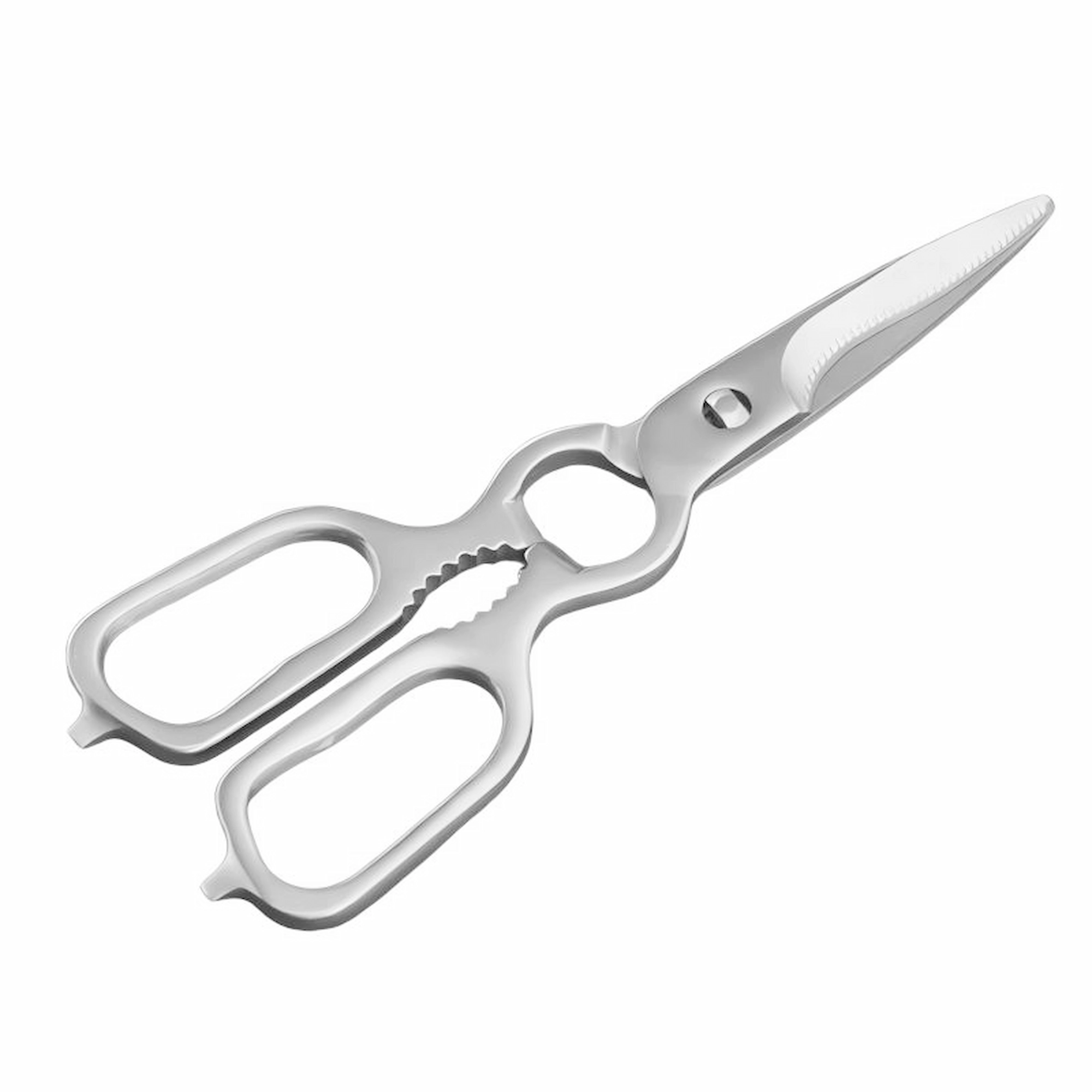 Closed stainless steel kitchen shears shown at a 45-degree angle on white background, KL-SC-PR-012.