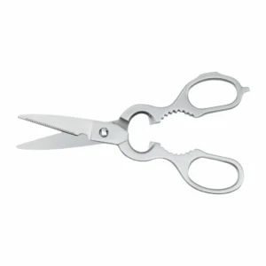 All-stainless steel detachable multi-function kitchen shears with serrated blade slightly open, isolated on white background. KL-SC-PR-011