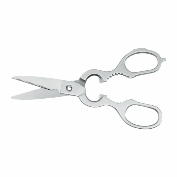 All-stainless steel detachable multi-function kitchen shears with serrated blade slightly open, isolated on white background. KL-SC-PR-011