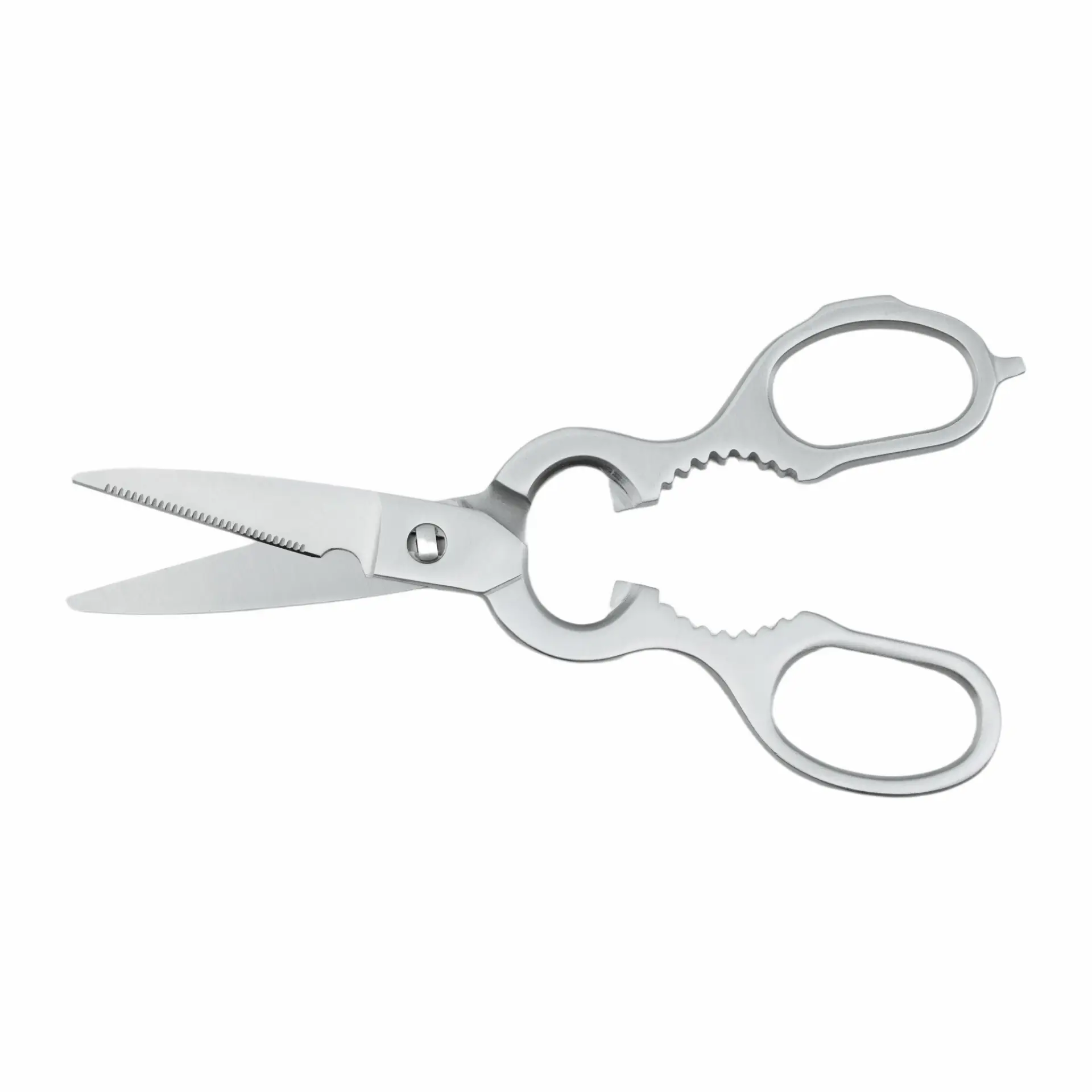 All-stainless steel detachable multi-function kitchen shears with serrated blade slightly open, isolated on white background. KL-SC-PR-011