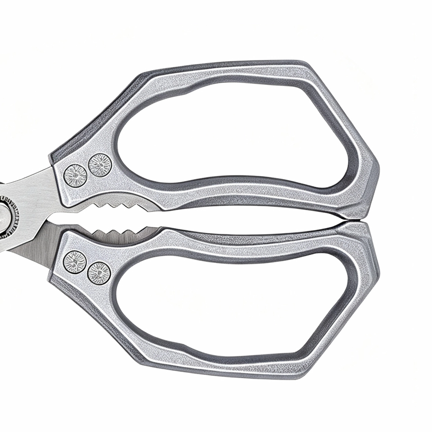 Close-up of matte gray geometric handles and serrated center jaw isolated on white background KL-SC-KT-006