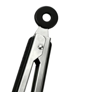 Detailed close-up of the locking ring and silicone grip on stainless steel kitchen tongs isolated on white background. KL-KA-TG-001