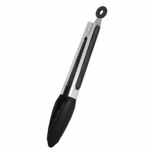 Stainless steel kitchen tongs with black silicone tips in closed position. KL-KA-TG-001