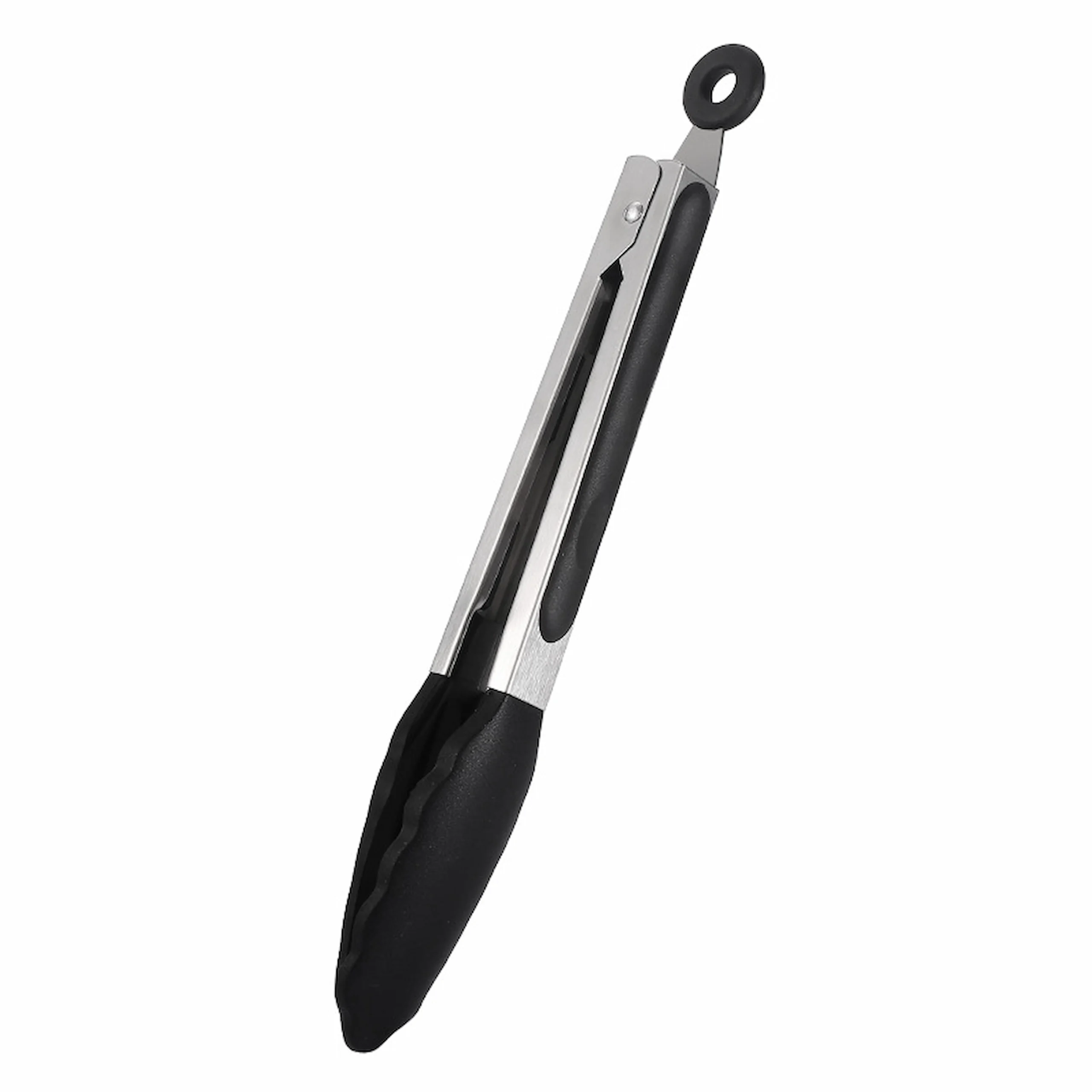 Stainless steel kitchen tongs with black silicone tips in closed position. KL-KA-TG-001