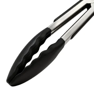 ：Detailed close-up of black silicone tips on stainless steel kitchen tongs isolated on white background. KL-KA-TG-001