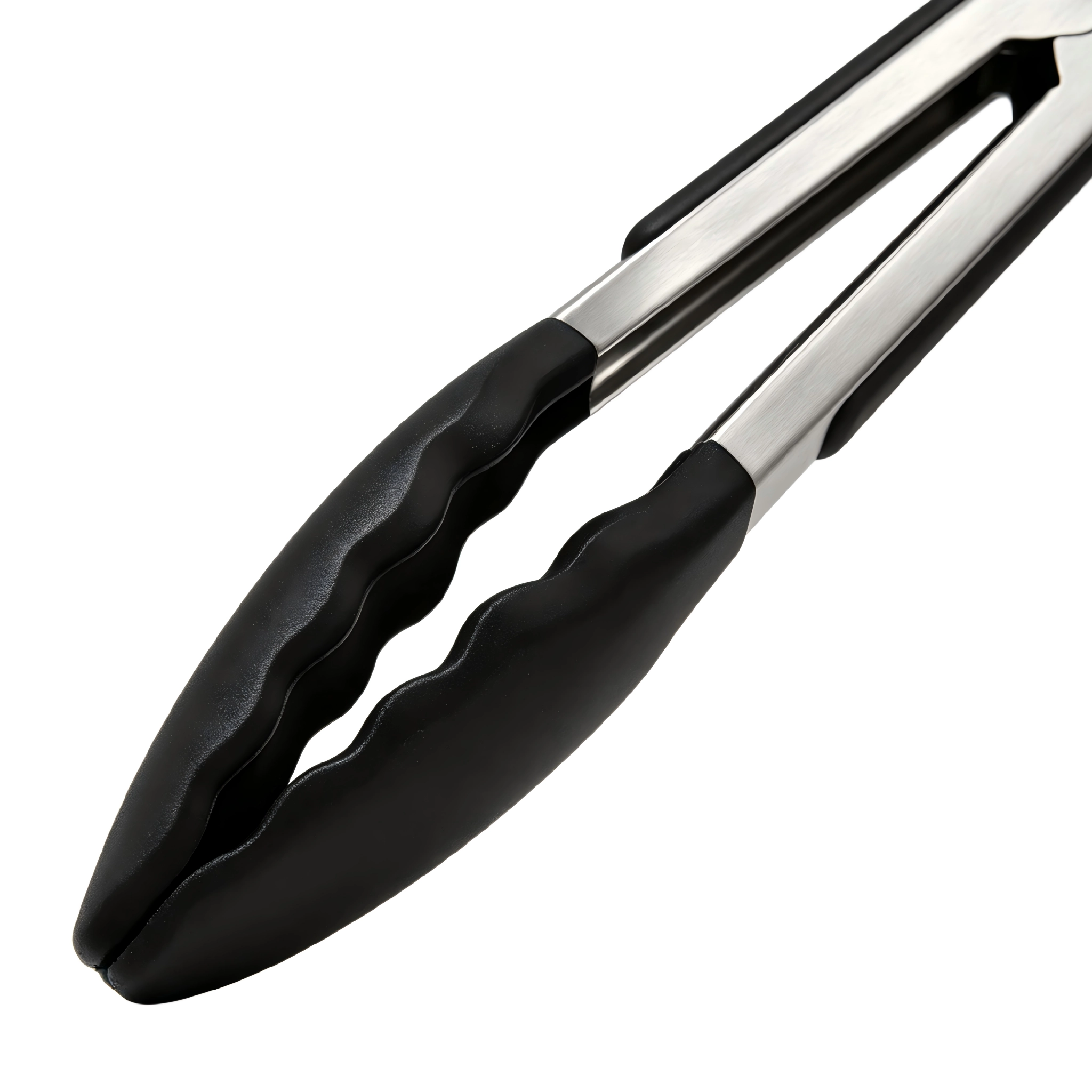 ：Detailed close-up of black silicone tips on stainless steel kitchen tongs isolated on white background. KL-KA-TG-001