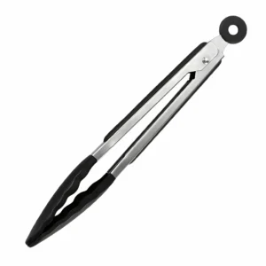 Stainless steel kitchen tongs with black silicone tips isolated on white background. KL-KA-TG-001