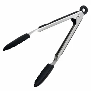 Stainless steel kitchen tongs with black silicone tips isolated on white background. KL-KA-TG-001