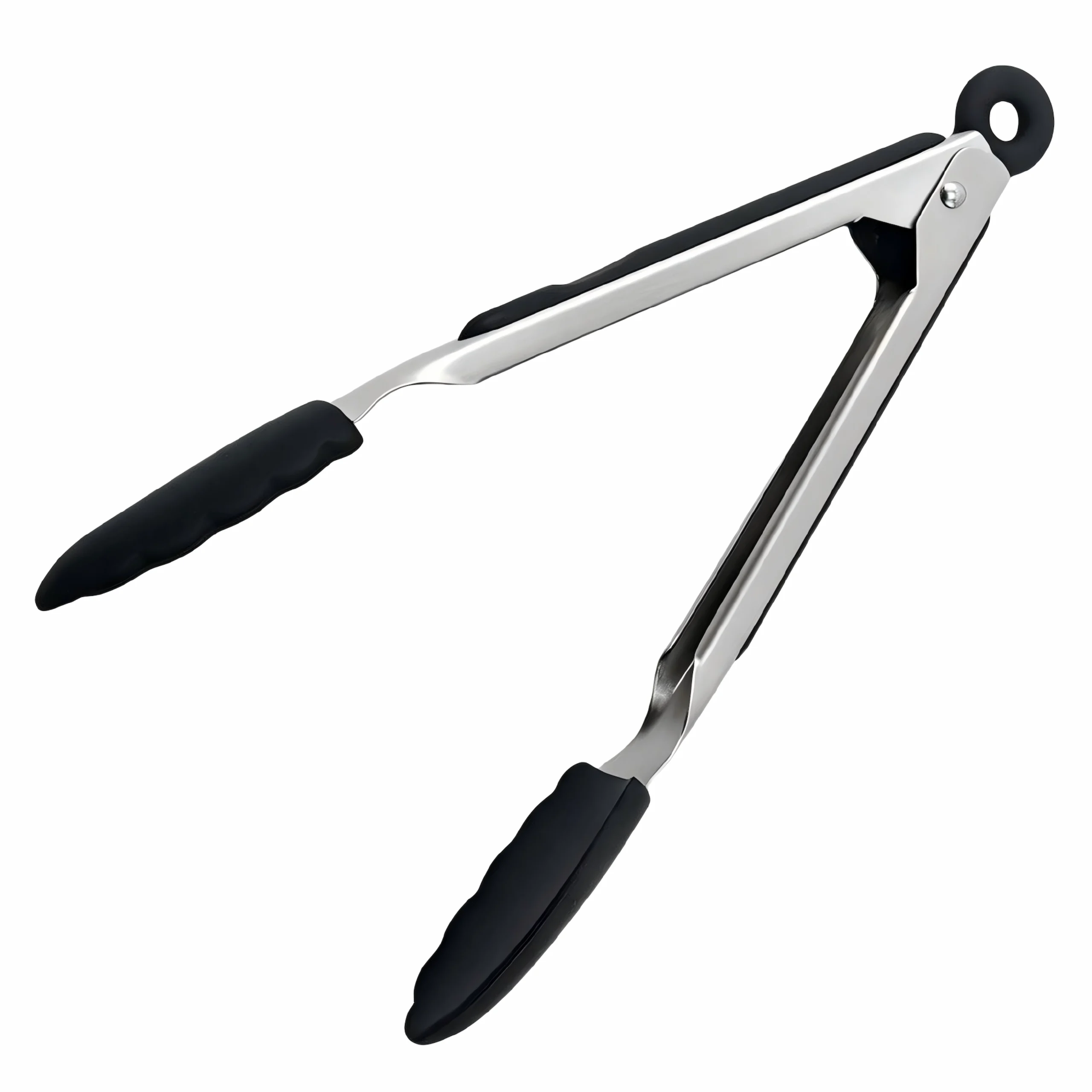 Stainless steel kitchen tongs with black silicone tips isolated on white background. KL-KA-TG-001