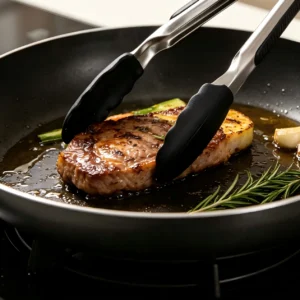 Stainless steel kitchen tongs with black silicone tips in kitchen environment. KL-KA-TG-001
