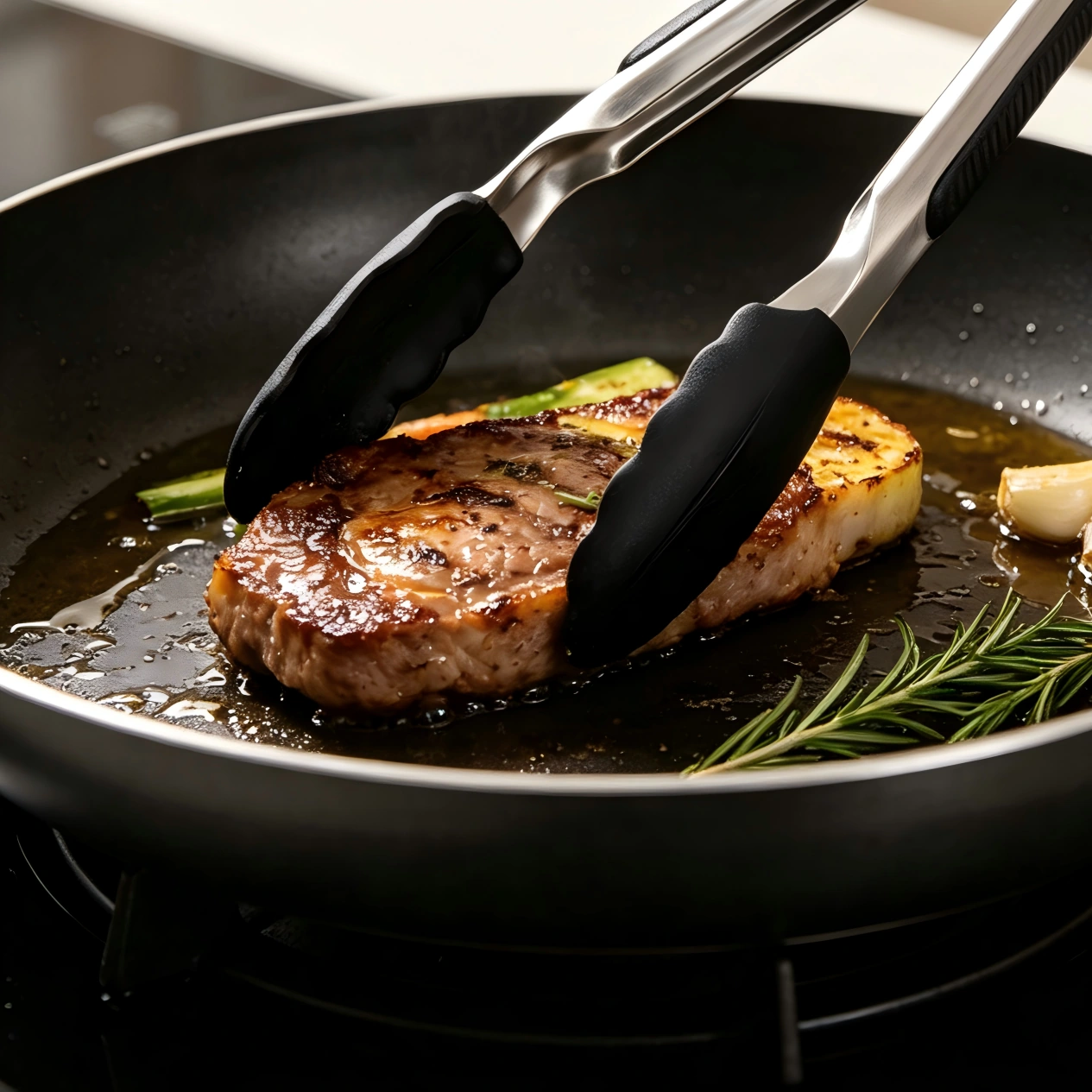 Stainless steel kitchen tongs with black silicone tips in kitchen environment. KL-KA-TG-001