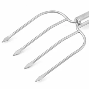 Four-prong stainless steel turkey carving fork tines close up isolated on white background KL-KA-BBQ-006