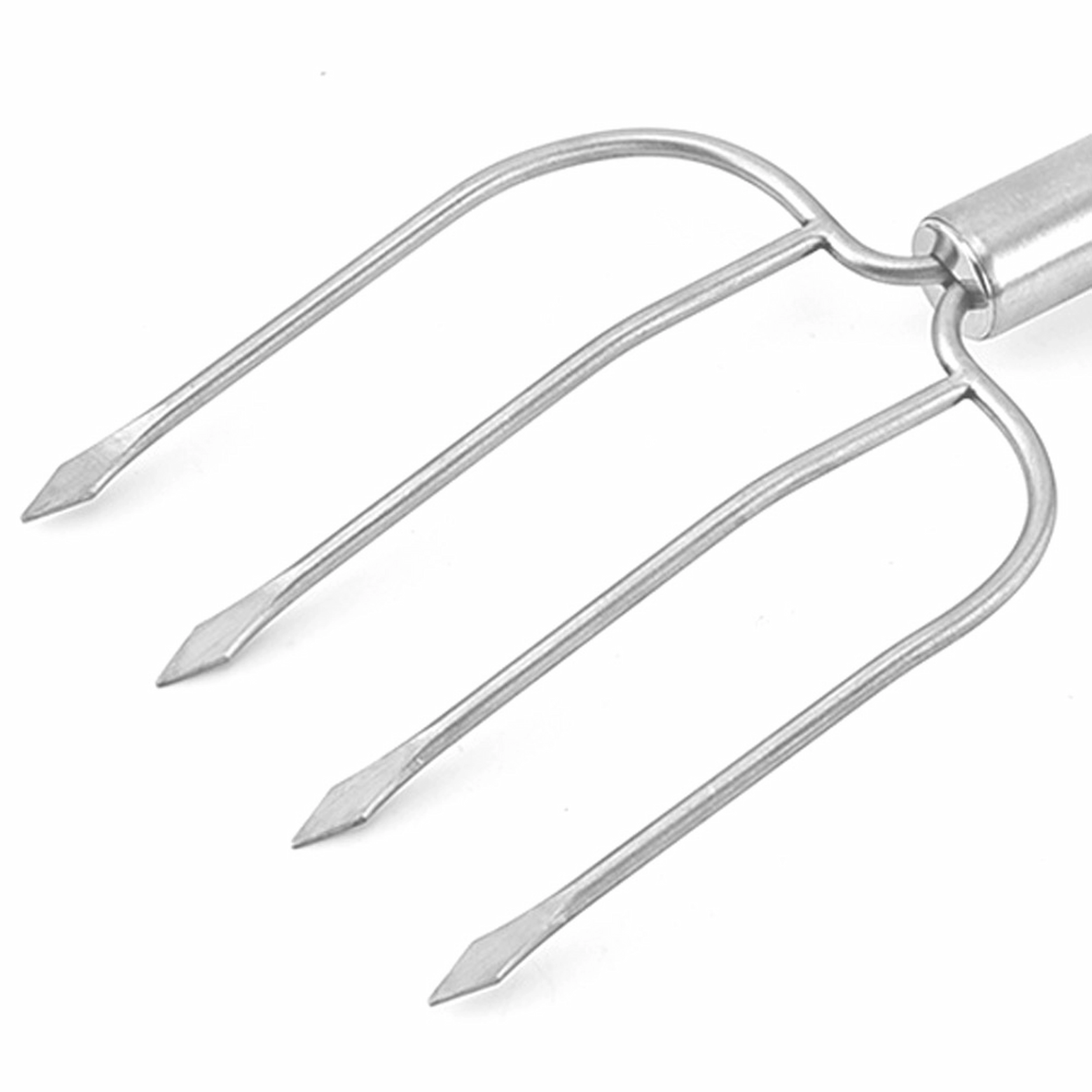 Four-prong stainless steel turkey carving fork tines close up isolated on white background KL-KA-BBQ-006
