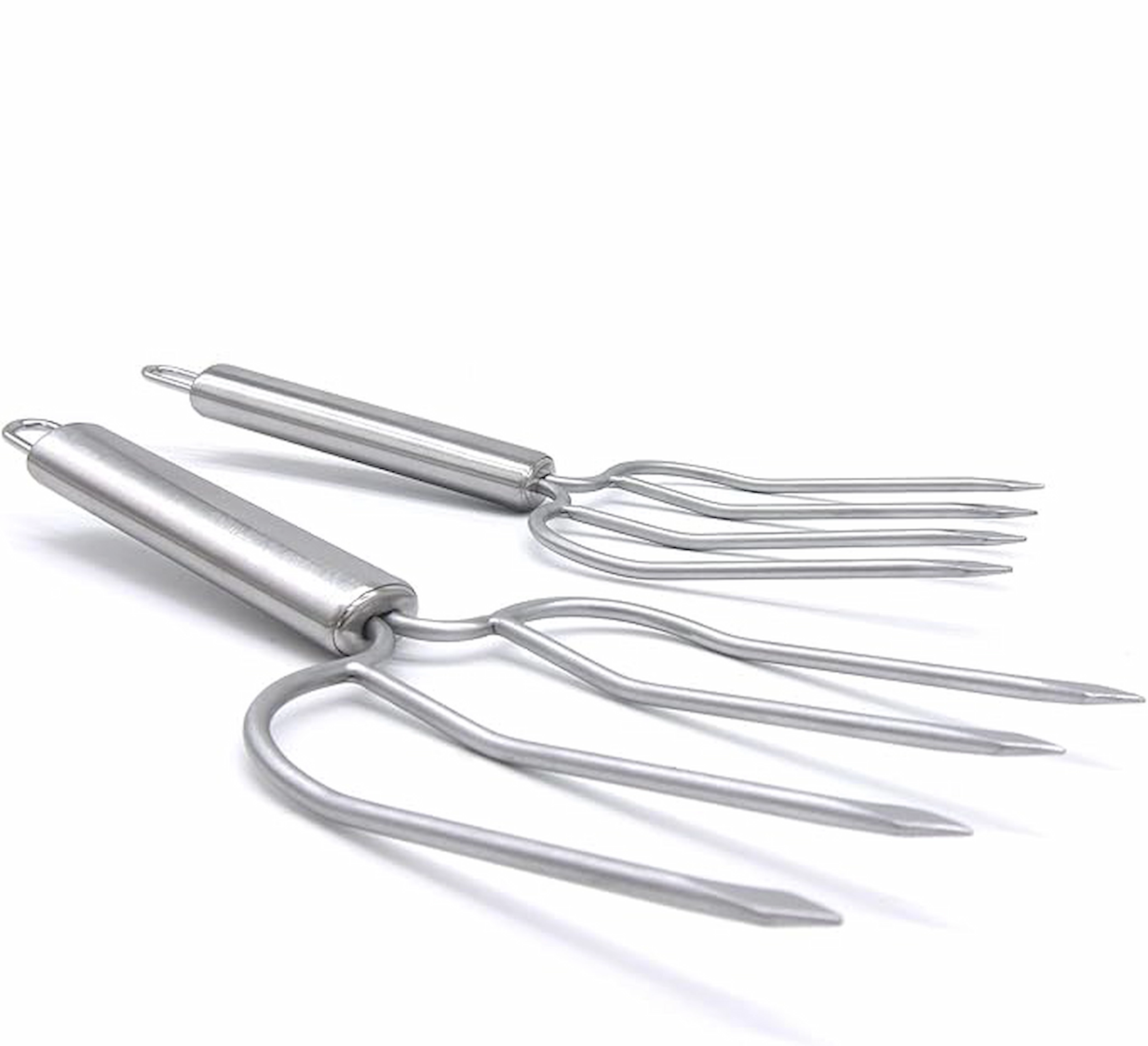 Two stainless steel 4-prong turkey carving forks isolated on white background KL-KA-BBQ-006