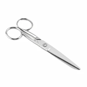 Classic stainless steel mirror polished barber scissors closed on white background at 45-degree angle, SKU: KL-SC-HC-002.