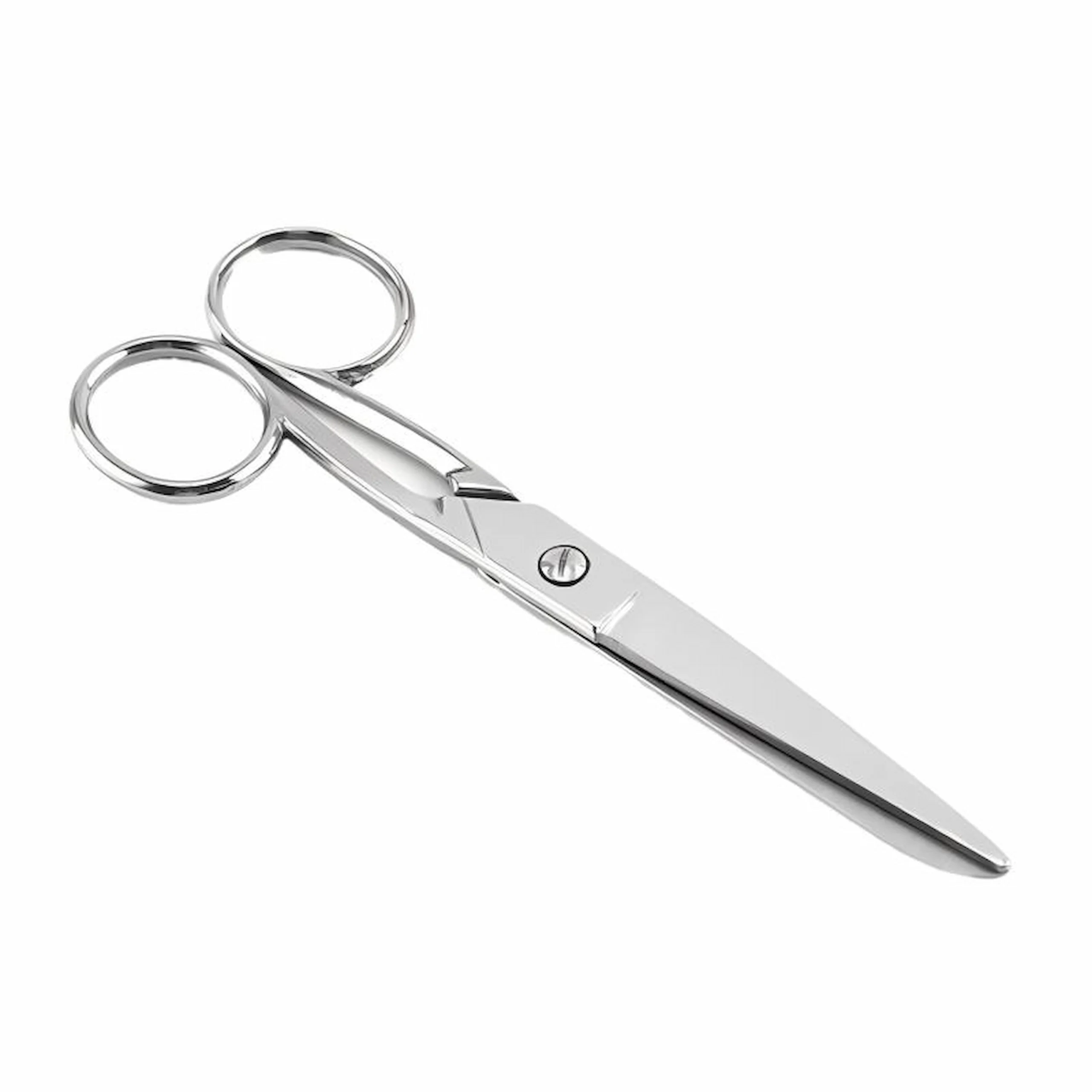 Classic stainless steel mirror polished barber scissors closed on white background at 45-degree angle, SKU: KL-SC-HC-002.