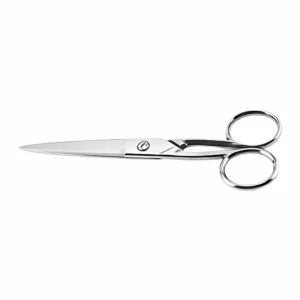 Classic stainless steel mirror polished barber scissors closed on white background, SKU: KL-SC-HC-002.