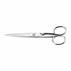 Classic stainless steel mirror polished barber scissors closed on white background, SKU: KL-SC-HC-002.