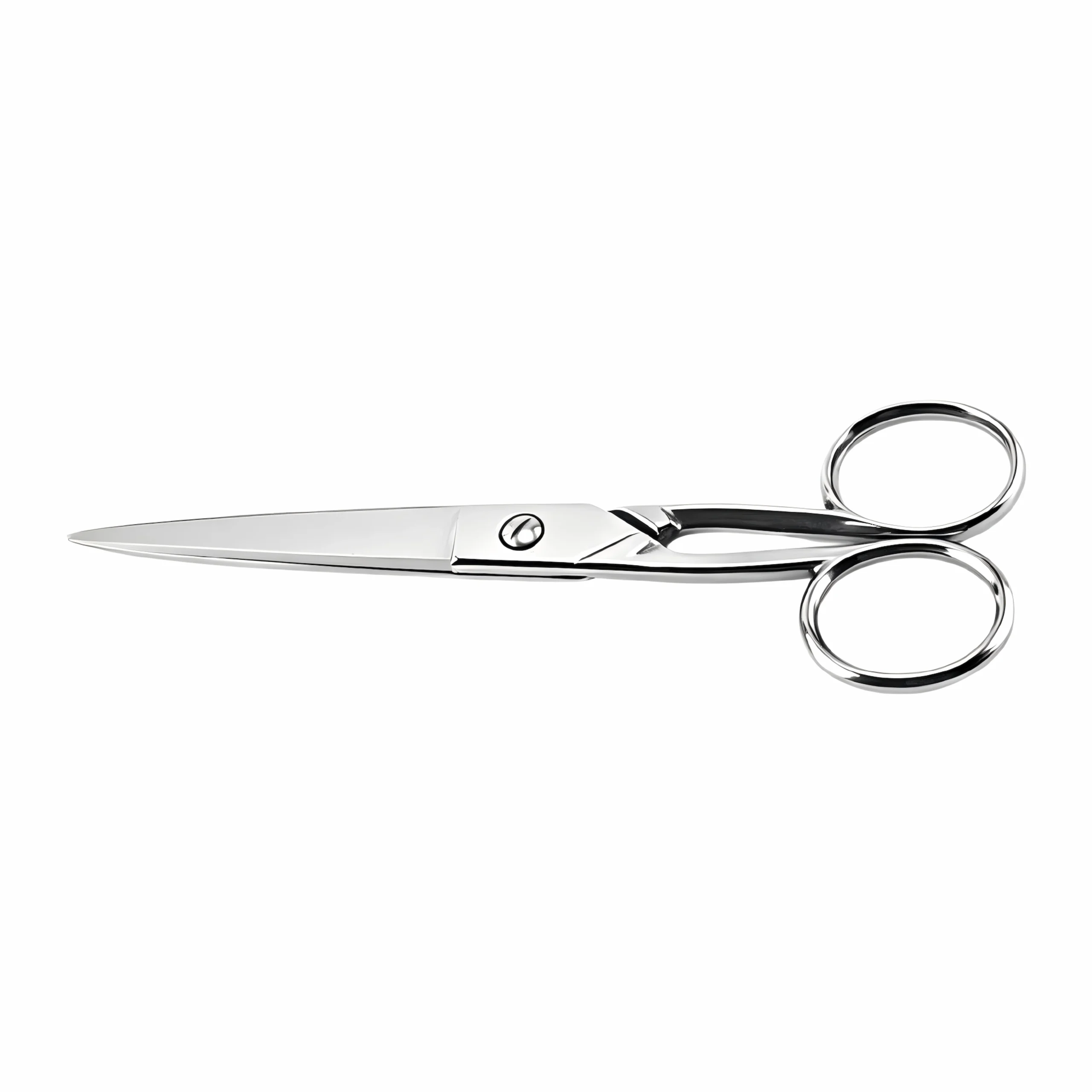 Classic stainless steel mirror polished barber scissors closed on white background, SKU: KL-SC-HC-002.
