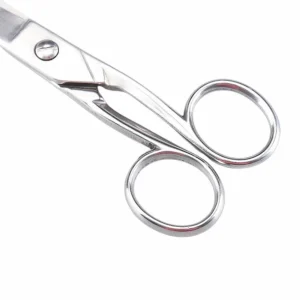 A detailed close-up of the mirror polished ergonomic finger loops on classic barber scissors, SKU: KL-SC-HC-002.