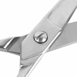 A detailed close-up of the adjustable flat-head pivot screw and mirror polished joint of barber scissors, SKU: KL-SC-HC-002.