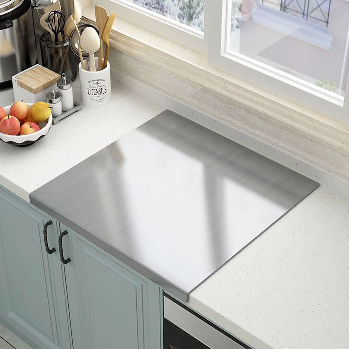 Brushed stainless steel pastry board placed on kitchen countertop environment KL-KA-CB-003