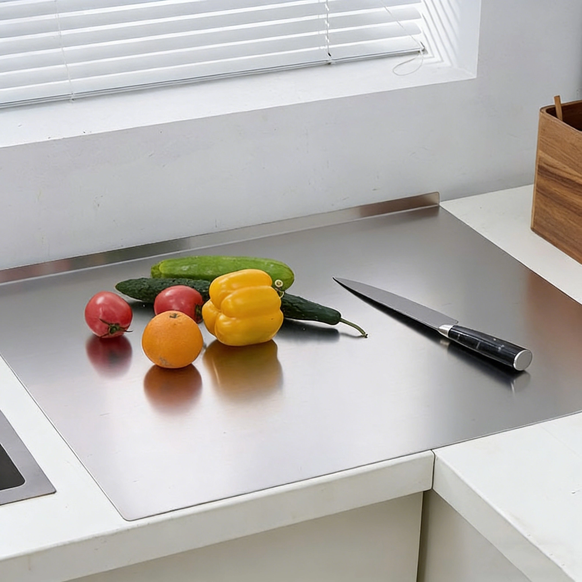 Stainless steel pastry board with knife and vegetables in kitchen environment KL-KA-CB-003