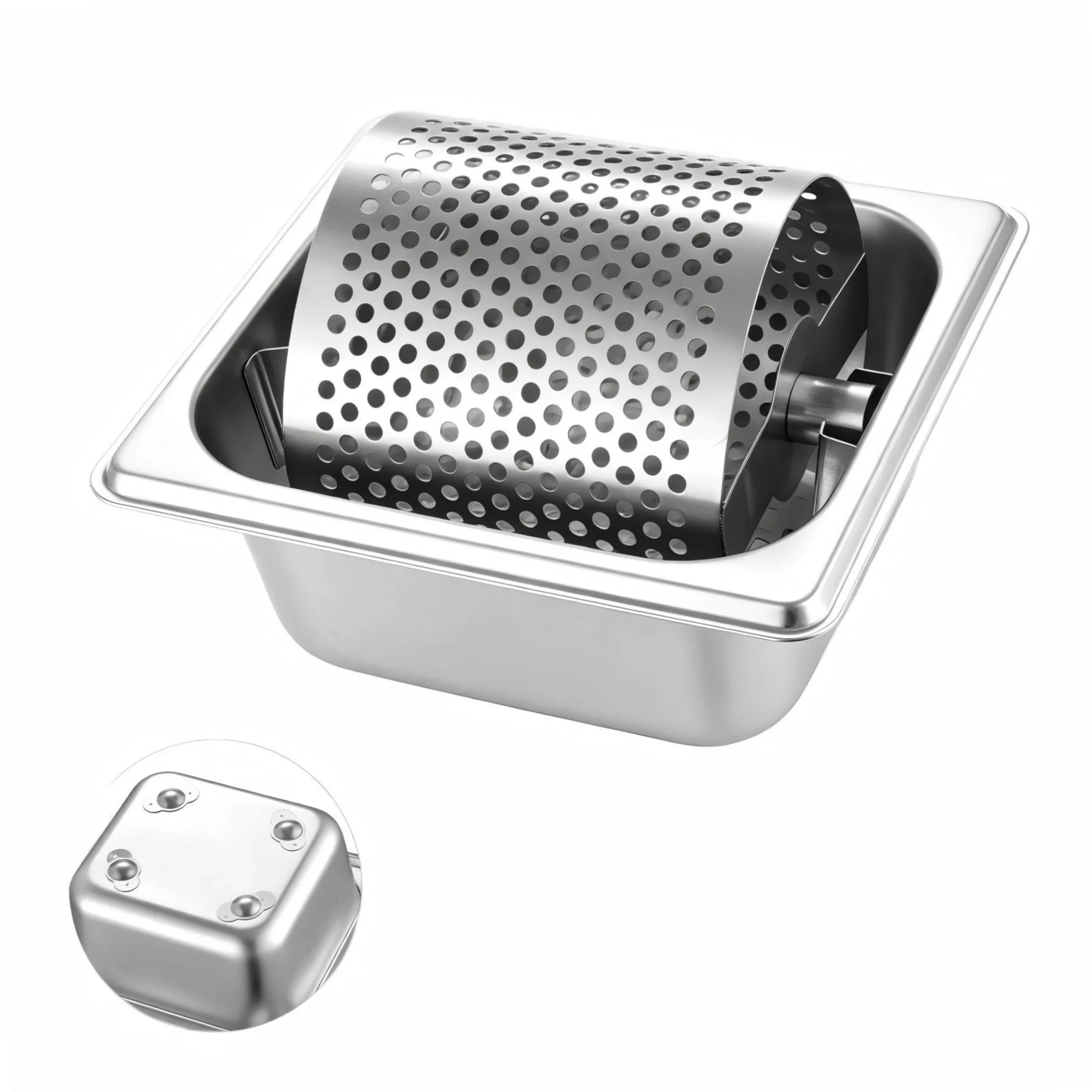 Stainless steel rotary drum grater with deep catch pan isolated on white background KL-KA-GR-003