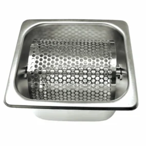 Stainless steel rotary drum grater with deep catch pan front view isolated on white background KL-KA-GR-003