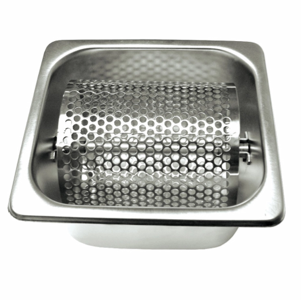 Stainless steel rotary drum grater with deep catch pan front view isolated on white background KL-KA-GR-003