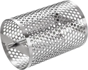 Detailed view of stainless steel rotary drum grater perforated blade structure isolated on white background KL-KA-GR-003