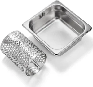 Stainless steel rotary drum grater detached from deep collection tray isolated on white background KL-KA-GR-003