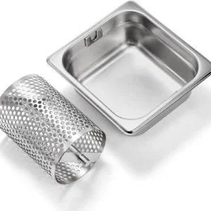 Stainless steel rotary drum grater detached from deep collection tray isolated on white background KL-KA-GR-003