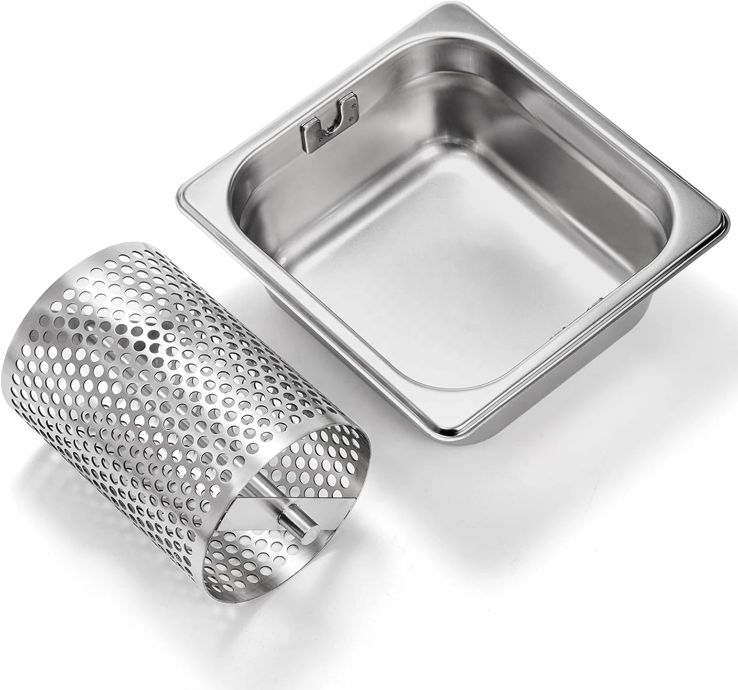 Stainless steel rotary drum grater detached from deep collection tray isolated on white background KL-KA-GR-003
