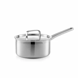 Stainless steel saucepan with lid and long handle isolated on white background KL-KA-CU-002