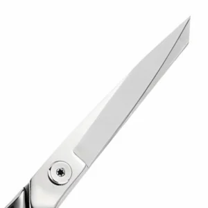A detailed close-up of the professional tailor scissors stainless steel blade isolated on white background, SKU: KL-SC-HC-001.
