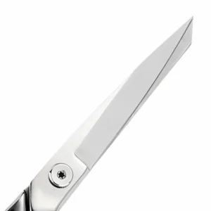 A detailed close-up of the professional tailor scissors stainless steel blade isolated on white background, SKU: KL-SC-HC-001.