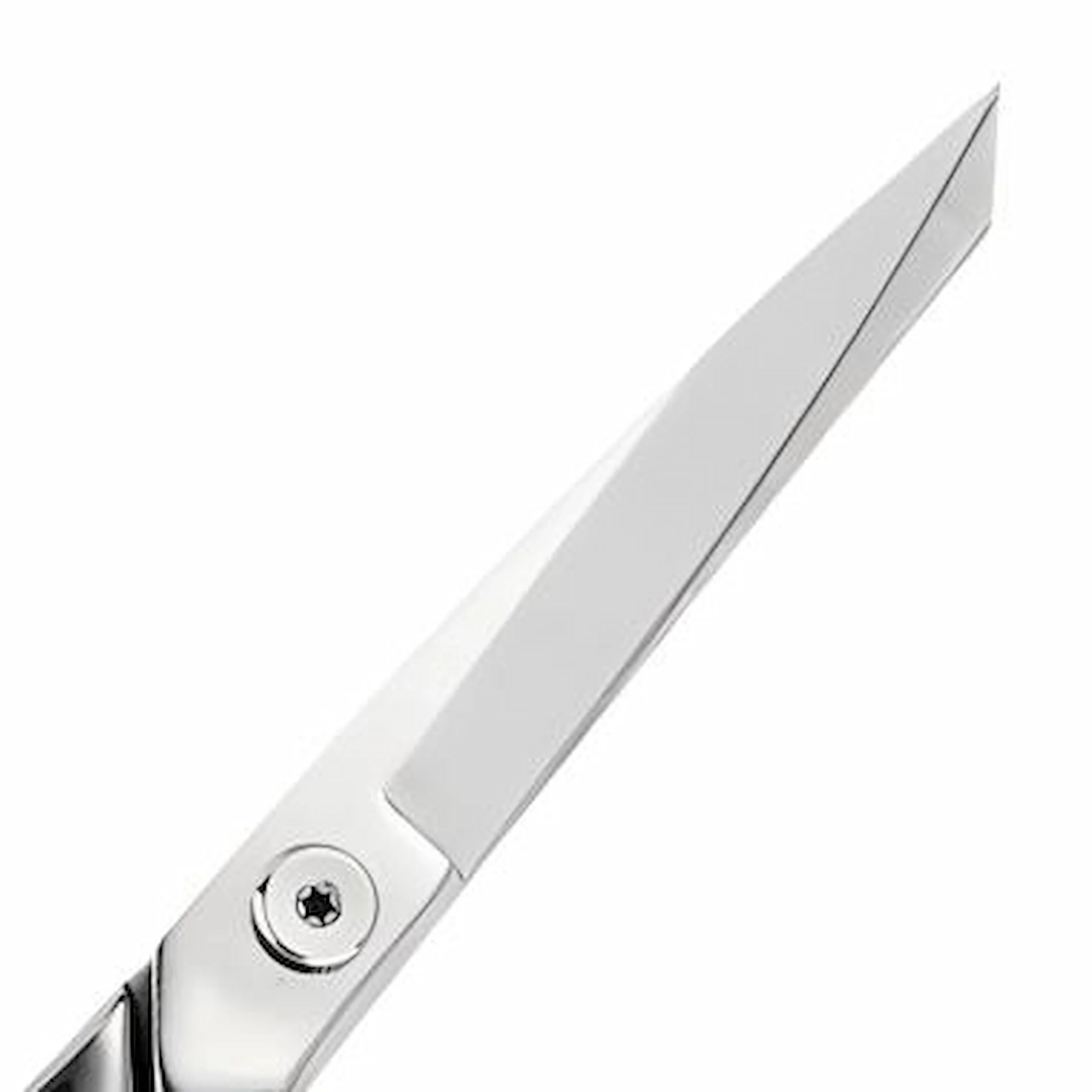 A detailed close-up of the professional tailor scissors stainless steel blade isolated on white background, SKU: KL-SC-HC-001.