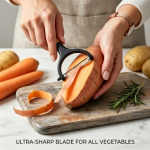 Wide stainless steel blade Y-peeler being used to peel a sweet potato in kitchen environment, KL-KA-PL-001.