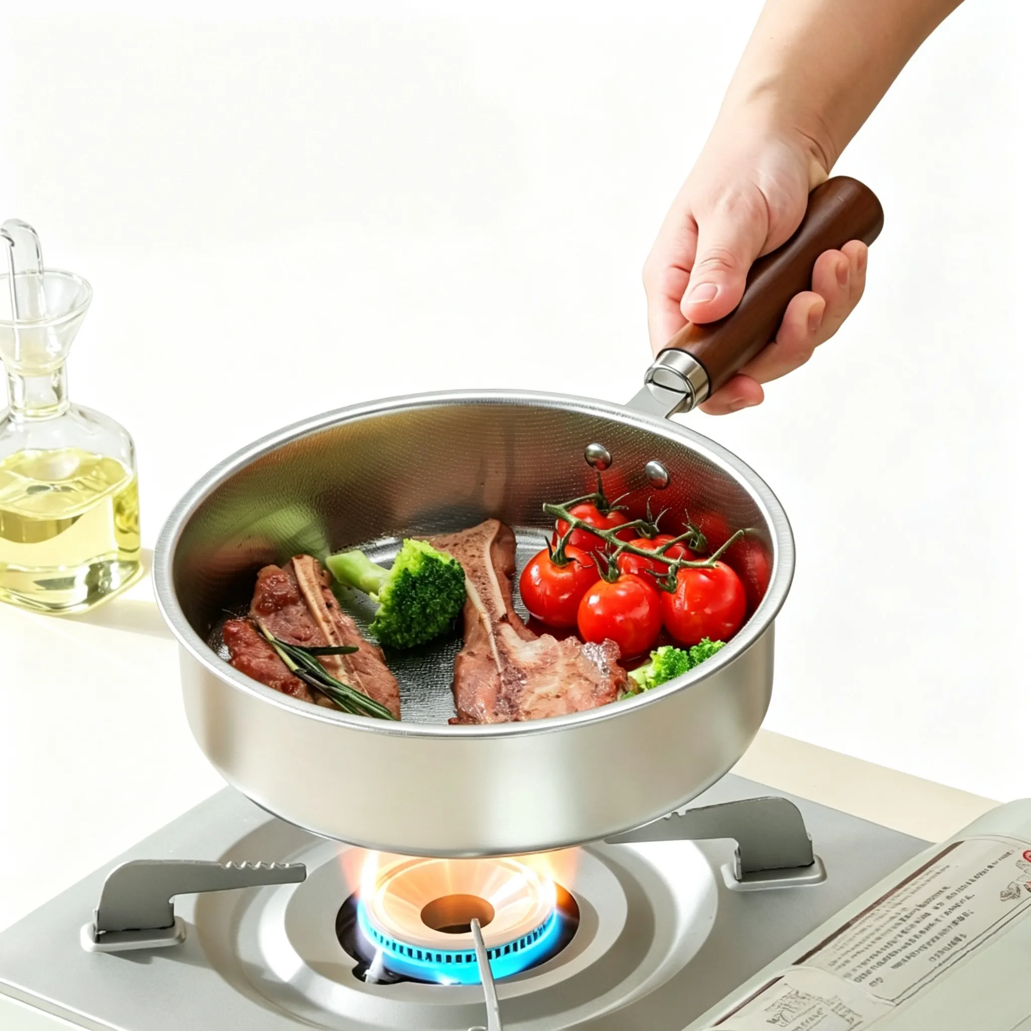 Hand holding stainless steel Yukihira saucepan cooking meat and vegetables over a gas stove burner. KL-KA-GAD-030